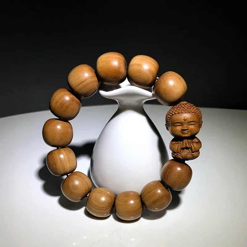 White 16 Old-Styled Bead Bracelet with Sandalwood Carved Buddha Spacer Men's Beads Brace