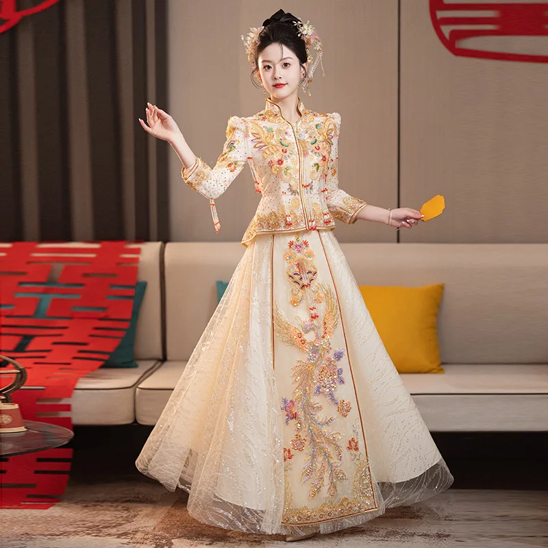 Luxurious White Xiuhe Clothing 2024 New Bride Chinese Cheongsam Wedding Dress Summer Evening Gown Robe костюм для восточных