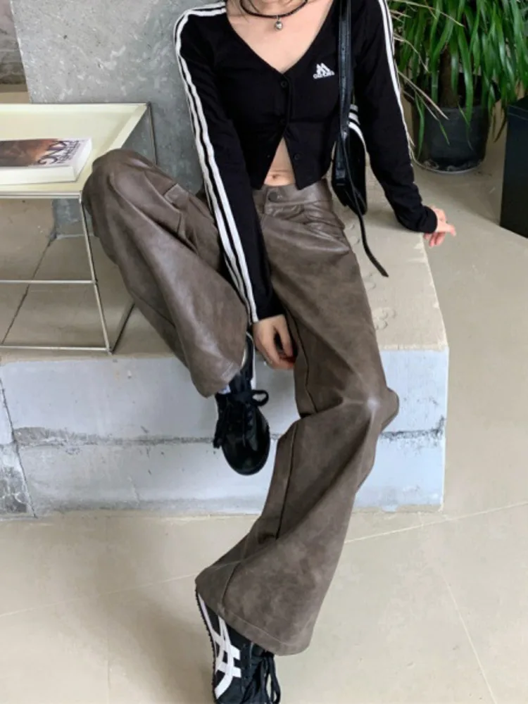 LGRQ 2025 new spring and autumn fashion women clothes PU leather full length pants female trousers WQ1016404L