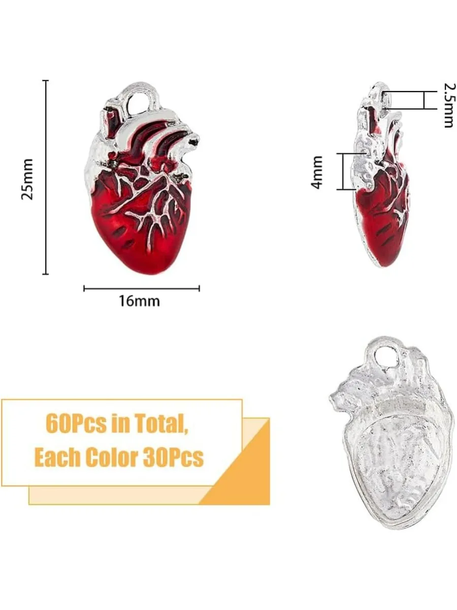 60Pcs Alloy Red Heart Charms 2 Colors Anatomical Heart Charms 3D Heart Organ Charms Tibetan Style Human Anatomy Pendants for