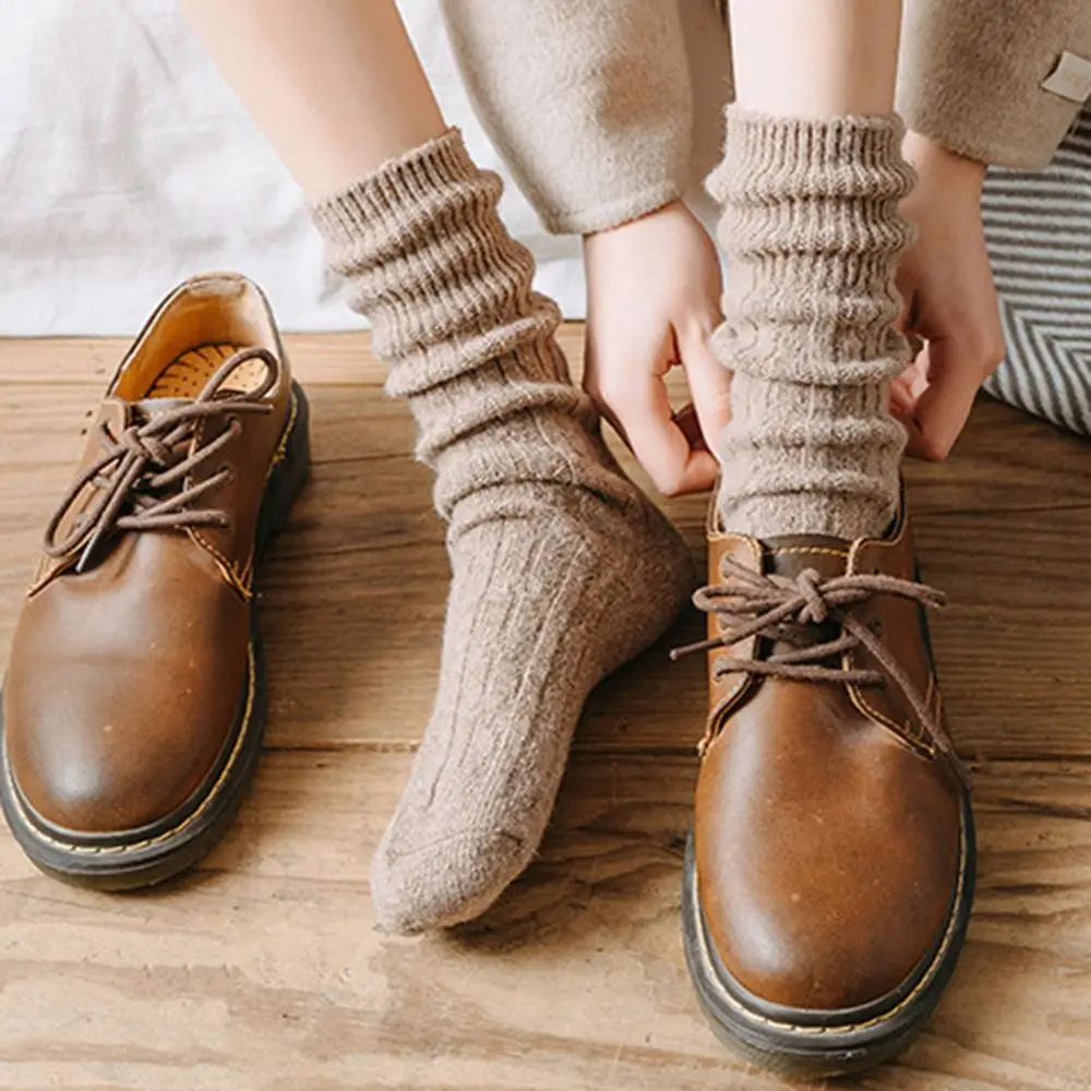 Calcetines cálidos, suaves y gruesos, a la moda, a rayas, estilo coreano, calcetines de lana para mujer, medias de tubo medio de algodón