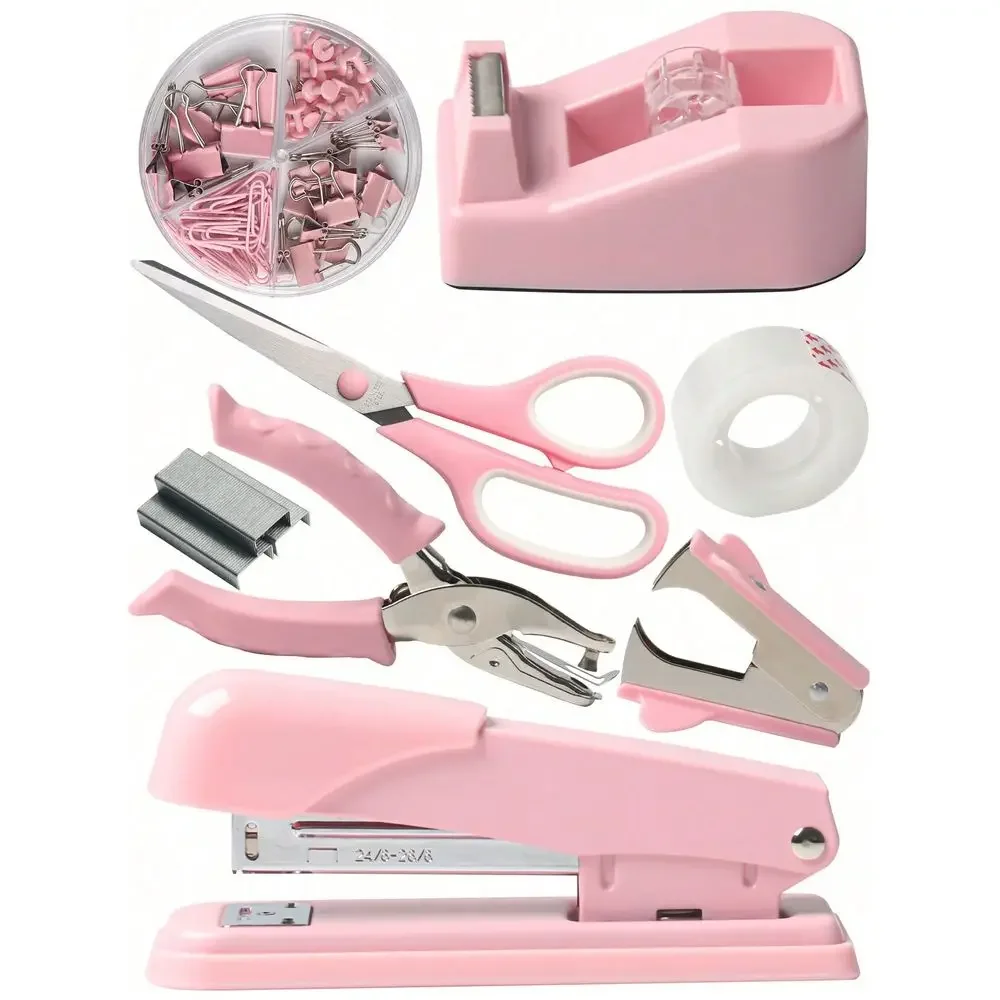Pink Set, 1 Staple, 1 Box Of Staples, 1 Hole Punch, 1 Staple Remover, 1 Glue Base, 1 Box Of FourGrid Box, 1 Pair Of Scissors, 1