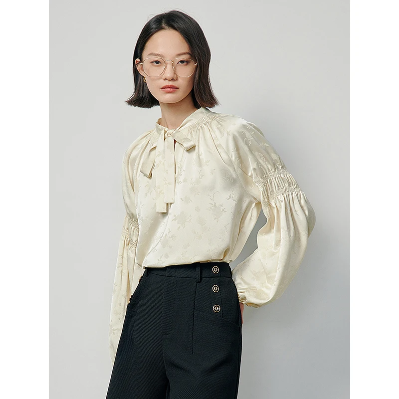 TOYOUTH Women Chinese Style Blouse 2024 Spring Jacquard Satin Juliet Sleeve Ruched Office Blouses