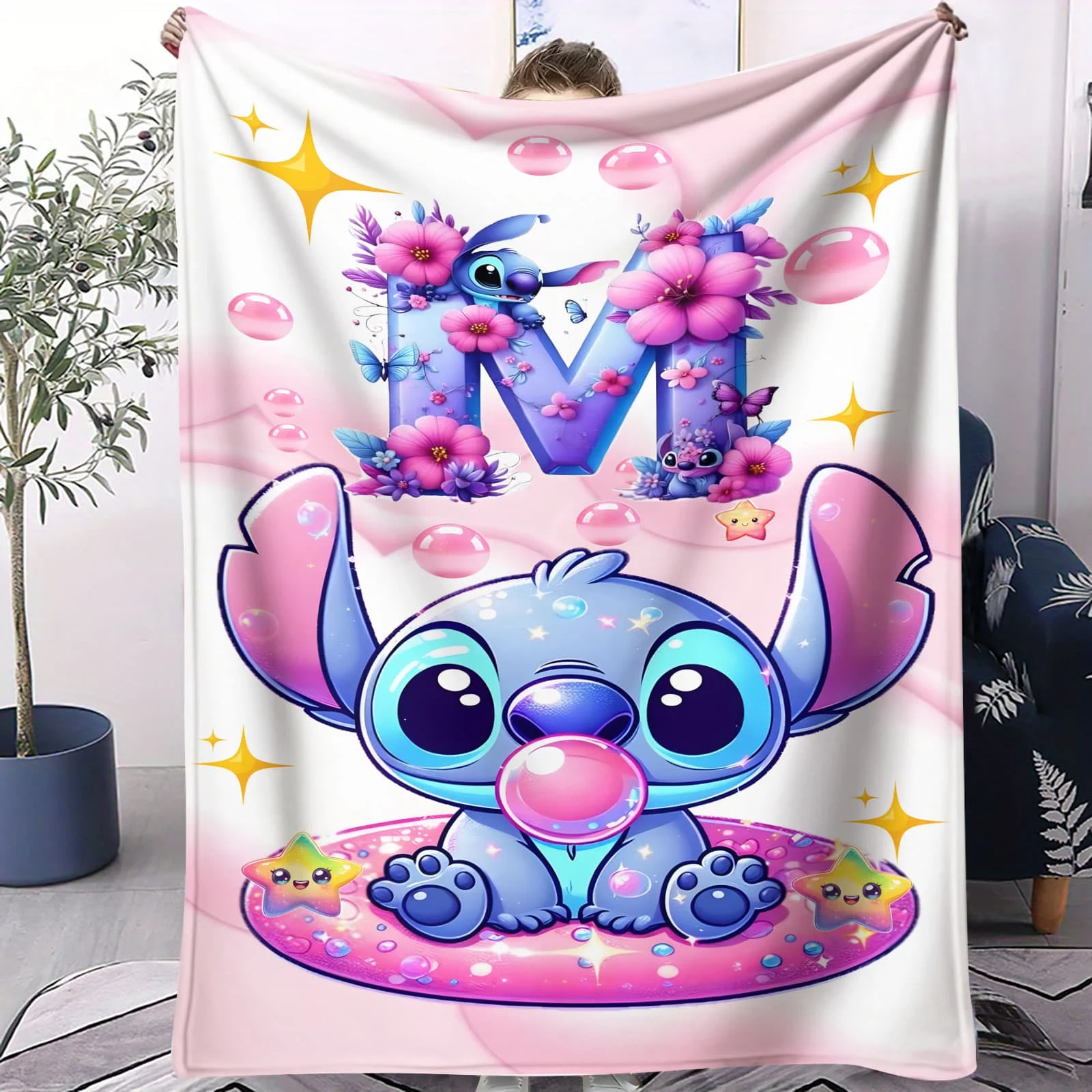 بطانية قطيفة مخصصة للغرز - تصميم لطيف على شكل علكة فقاعية رمي مريح لسرير غرفة الأطفال والسفر مثالية لعشاق الرسوم المتحركة للعائلات #6