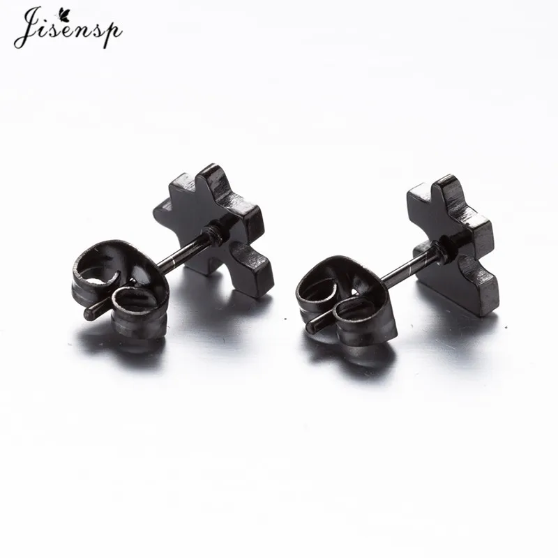 Korean Style Star Moon Ear Studs for Girls Minimalist Cat Puzzle Leaf Dinosaur Earrings Black Stainless Steel Jewelry Oorbellen