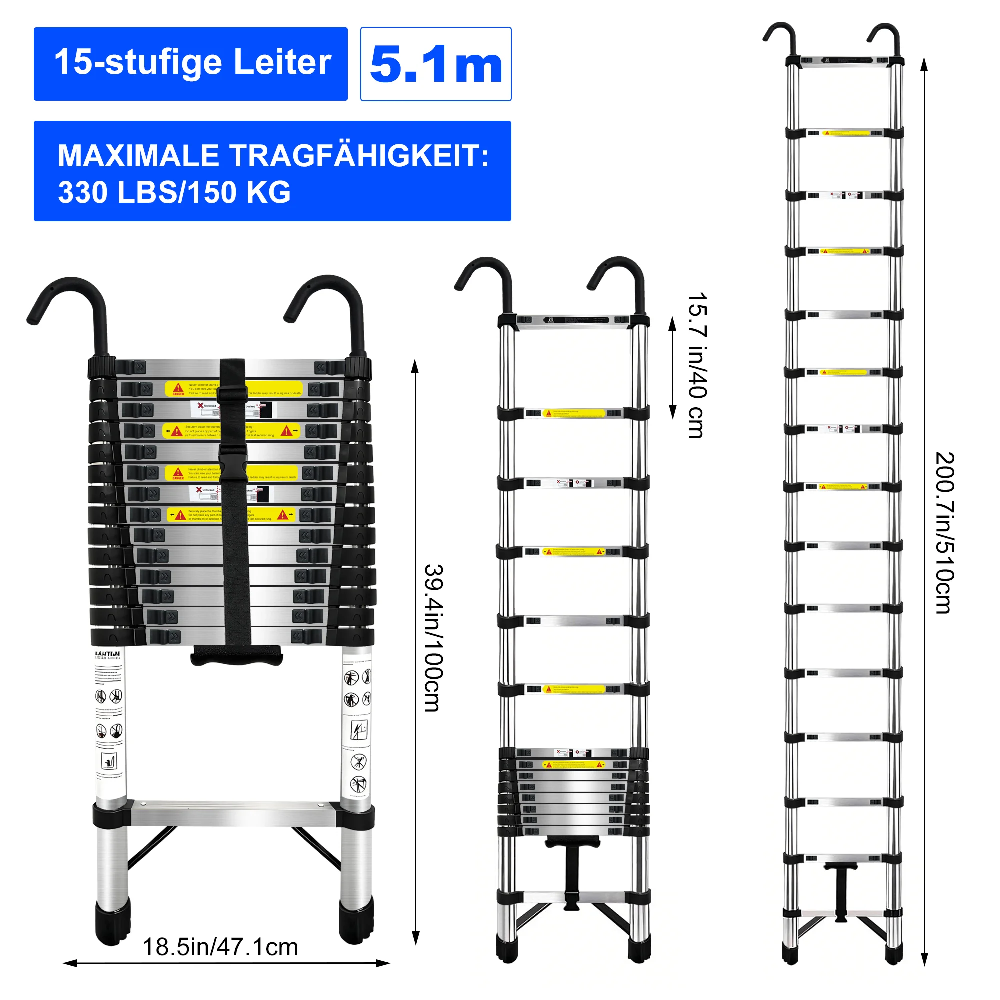BRSTHECO 2,6/3,2/3,8/4,4/5,1/6,3 m telescopische roestvrijstalen ladders, opvouwbaar, capaciteit van 150 kg, kamerdecoratie