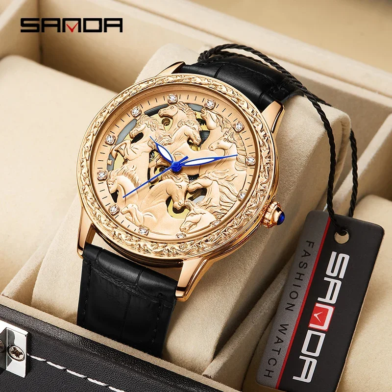 

Fashion Sanda Top Brand Casual Men Rose Gold Leather Strap Watches Mechanical For Luxury Wrist Watches Personality Clock Reloj