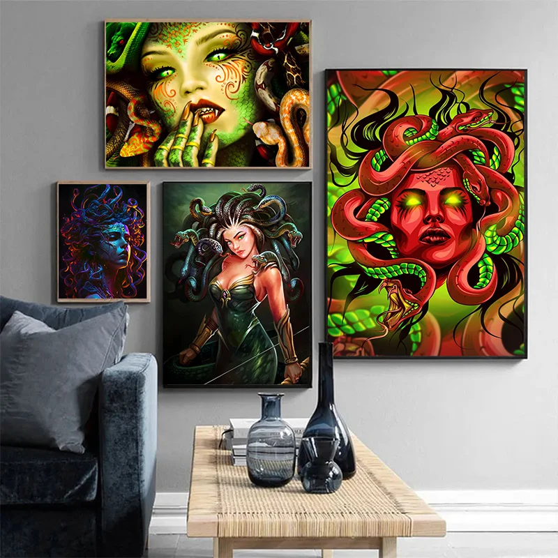 Ancient Greece The Gorgon Medusa Canvas Poster Neon Paintings Prints Wall Art Picture Poster for Living Room Bedroom Home Decor