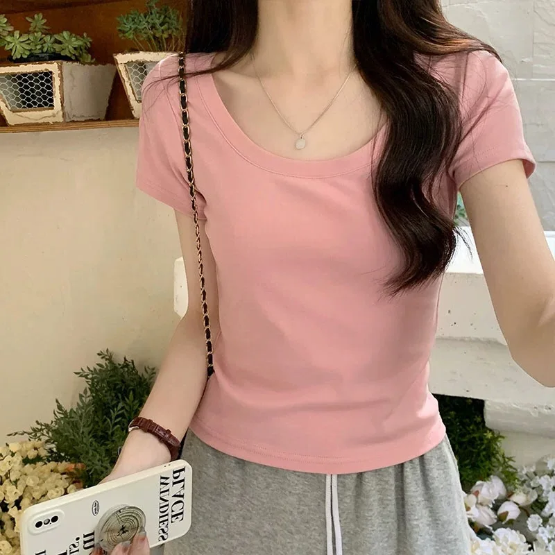 

Solid Color Short-sleeved T-shirt for Women in Summer Low Round Neck Slim Shoulder Slim Collarbone Top New Style