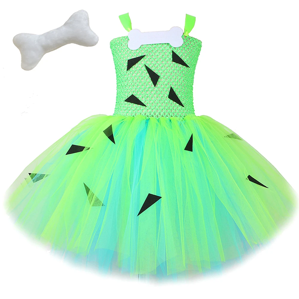 Baby Girls Pebbles Flinstones Tutu Dress for Kids Halloween Costumes Carve Girl Carnival Party Fancy Outfit with Bone HairClip