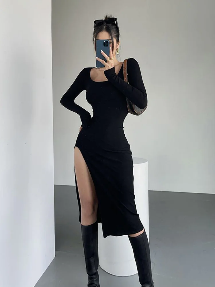 Dress for Women Skinny Sexy Split Over-the-knee Dress Long Sleeve Dresses Black Street Bodycon Autumn Fashion Y2k Clothing