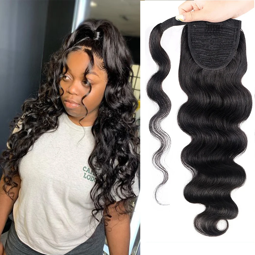 Brazilian Remy Human Hair Extensions 100% Natural Color Body Wave Kinky Curly Ponytail Wrap around for Women Hair Add-ons