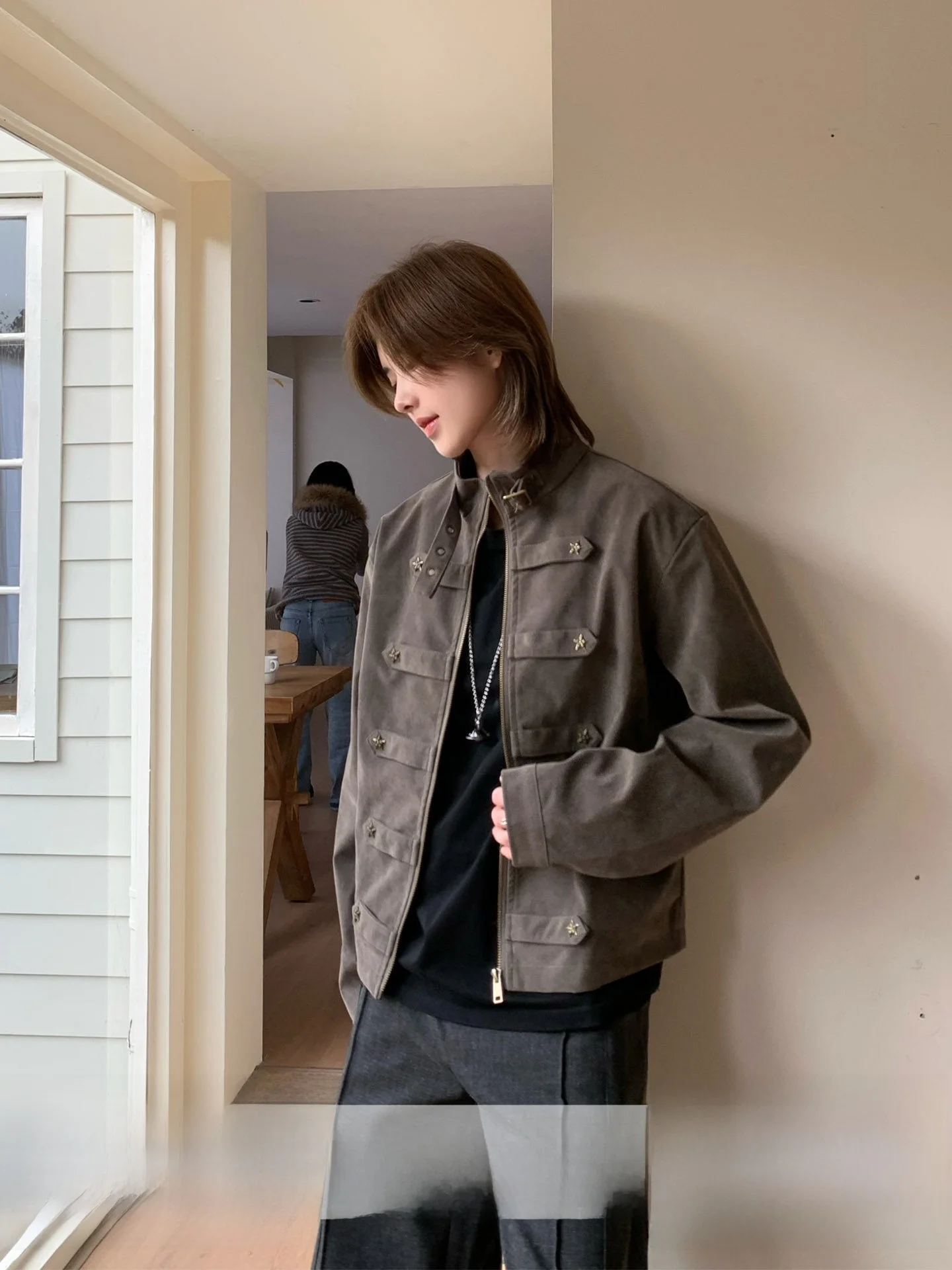 

Ja1 Short Retro Napoleon Court Style Faux Suede Jacket Multi-Button Workwear Neutral Cut Polyester Blend Long Sleeve Coat
