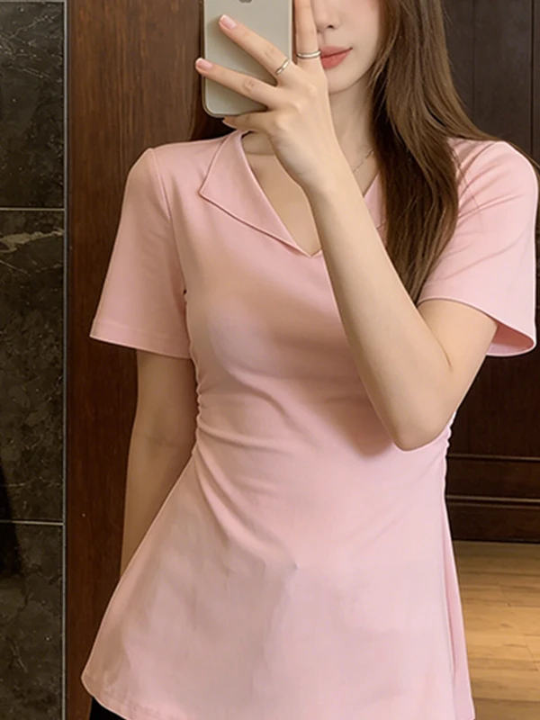 

plus Size Summer T-Shirt Women's Korean Style V-Neck Waist-Cut Belly Covering Slimming Short Sleeve Pure Color Top