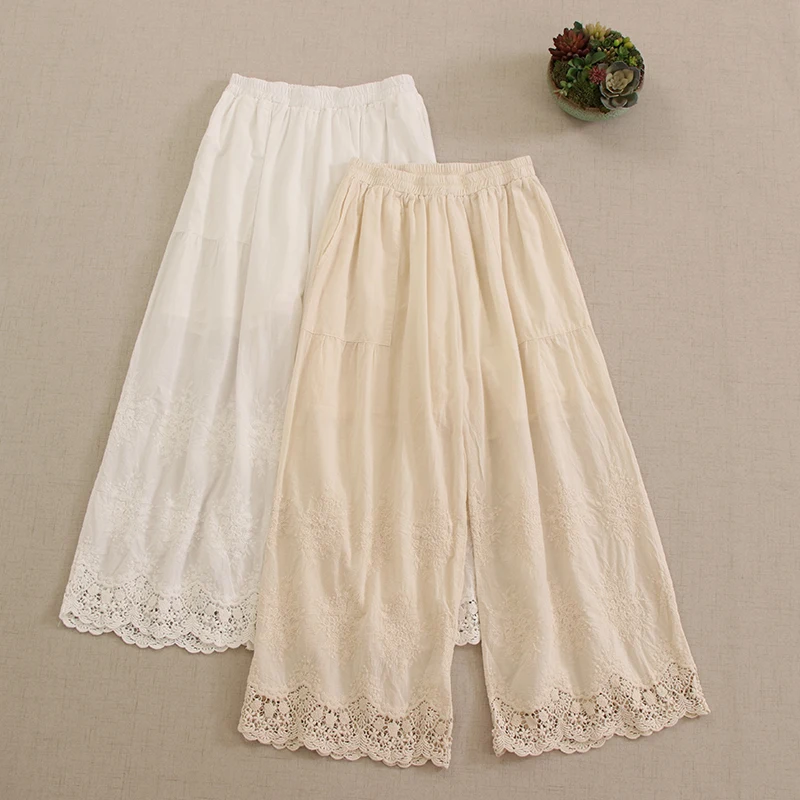 

Mori Girl Lace Embroidery Hollow Out Cotton Wide Leg Pants Women Japanese Spring Summer Elastic Waist Casual Loose Cropped Pants