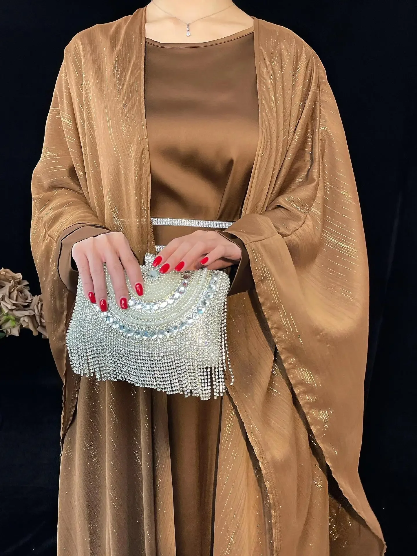 Ramadan Eid Muslimische Frauen Party 2-teiliges Set Kleid Jalabiya Offene Abayas Kaftan Dubai Vestidos Arabisch Marokko Kimono Strickjacke Robe