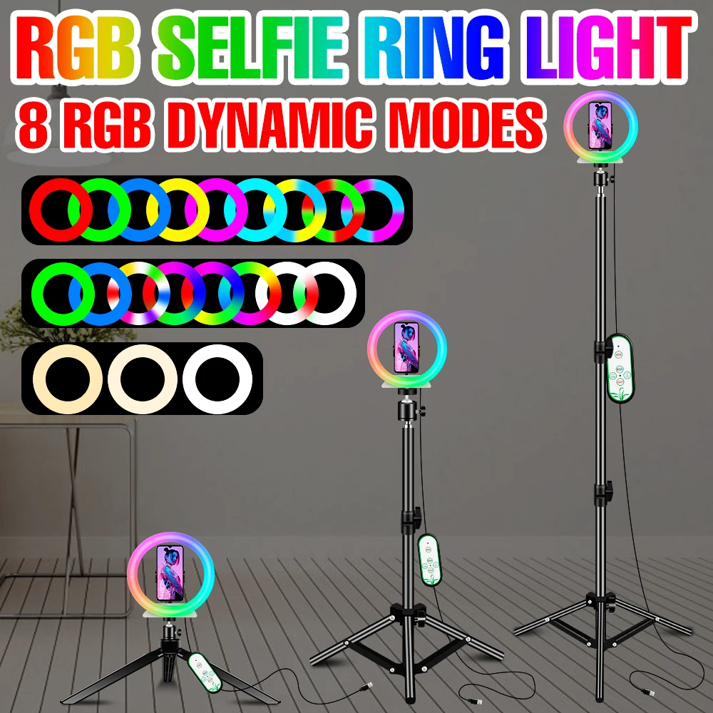 RGB Selfie Ring Light LED Fill Lamp Photography Lighting 5V USB Dimmable Lamps With Tripod Phone Stand Ringlamp For Video Live