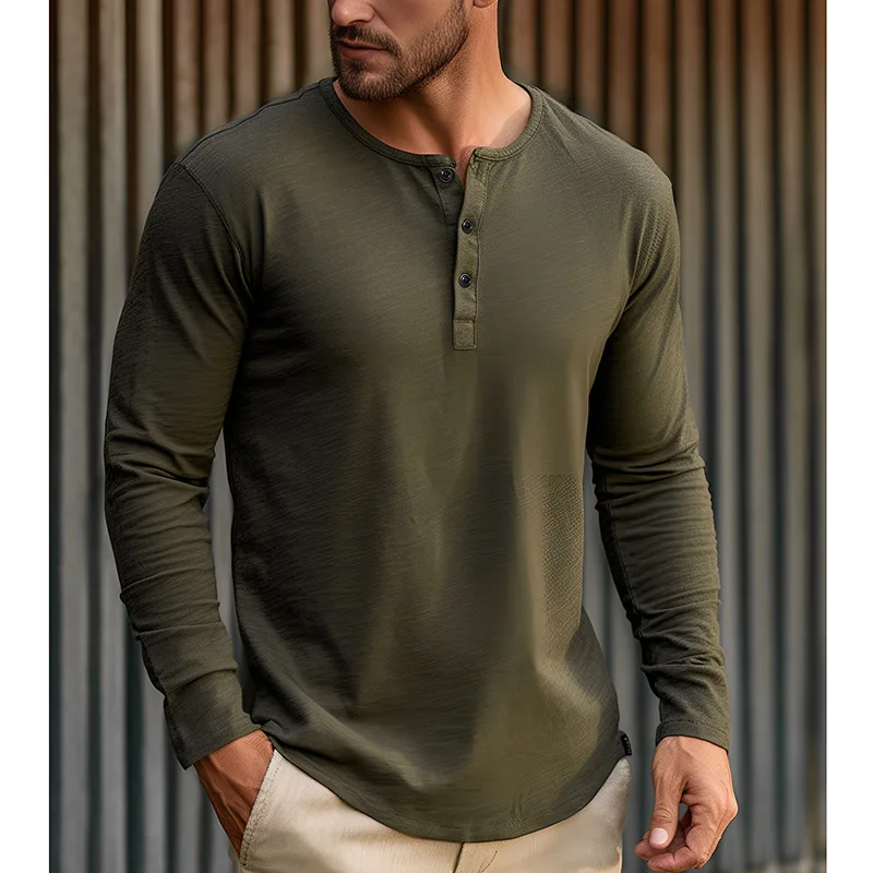 Autumn and Winter New Solid Color T-shirt Men's Bottom Three Button Round Neck Men's Long Sleeve T-shirt Top