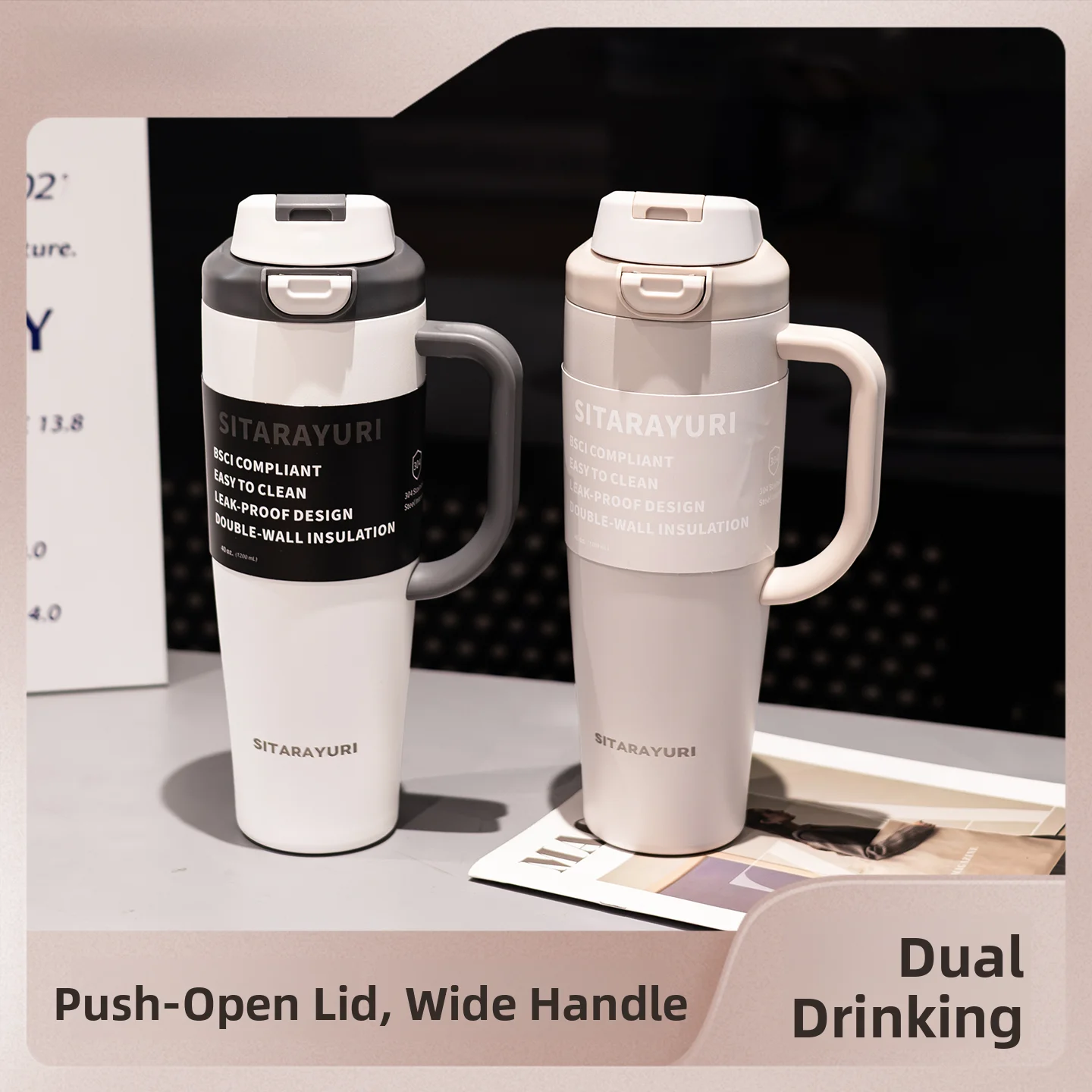 

Large Capacity 304 Stainless Steel Double Drink Insulated Mug with Handle Portable Office Water Cup Straw Ice Dominator Cup