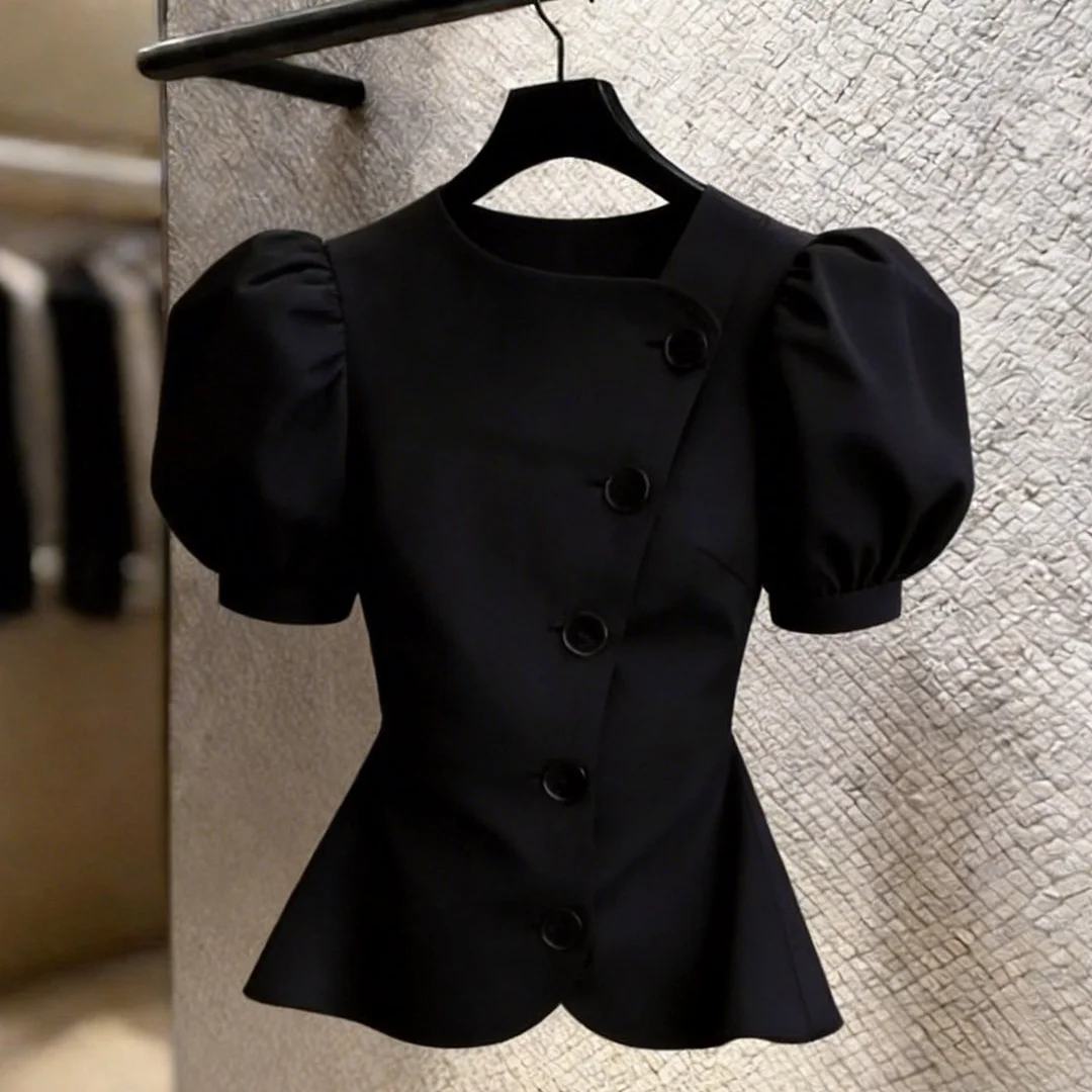 Women's Black Puff Sleeve Peplum Top 2026 New Y2K Summer Fashion Shirt Tops Asymmetrical Button Down Slim Fit Casual Chic Blouse