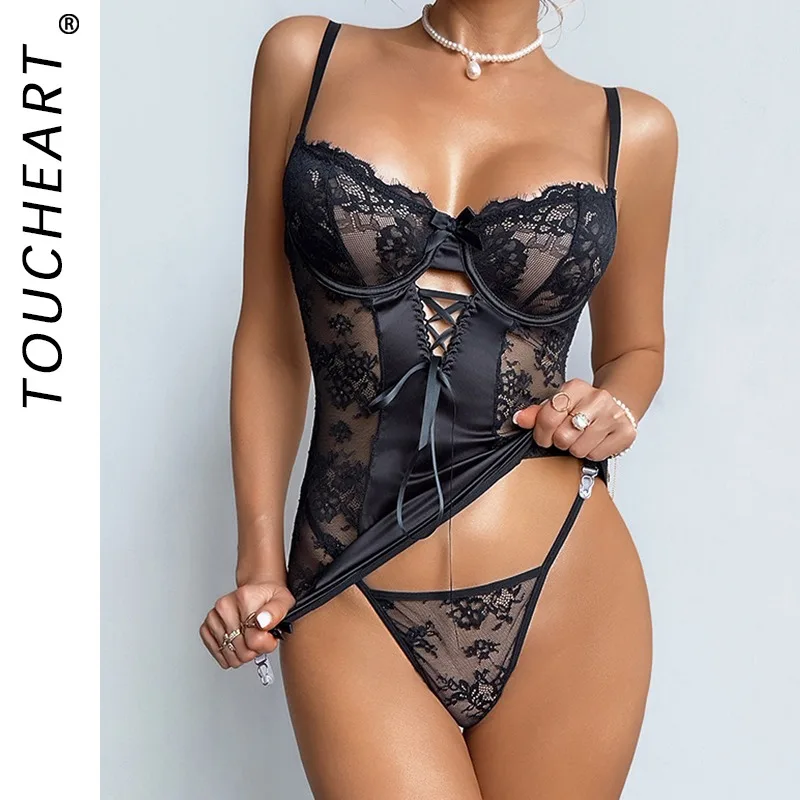 Toucheart sexy sling slaaprok met panty borduurwerk kant bloemen patchwork skinny doorzichtige verzamel pyjamaset