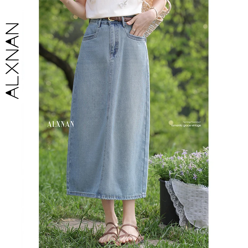 

ALXNAN женская винтажная синяя юбка 2300, летняя длинная элегантная джинсовая юбка с высокой талией, повседневная прямая женская одежда миди L553112