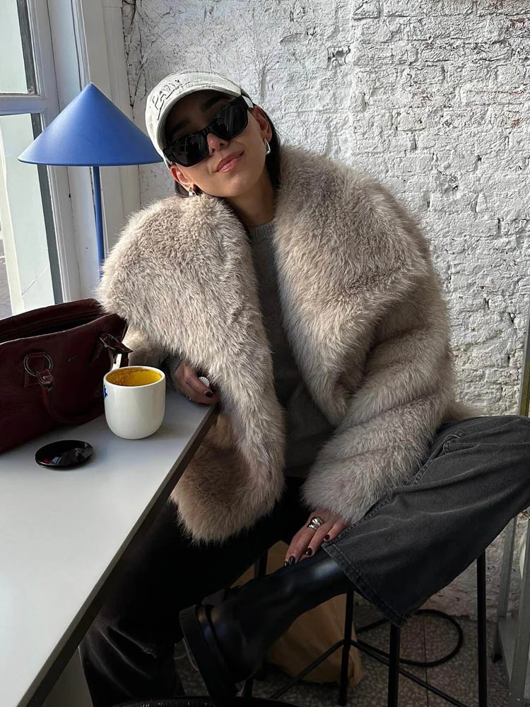 DUOPERI Women Fashion Winter Solid Thick Warm Faux Fur Coat Lapel Collar Long Sleeves Female Chic Lady Casual Outfits