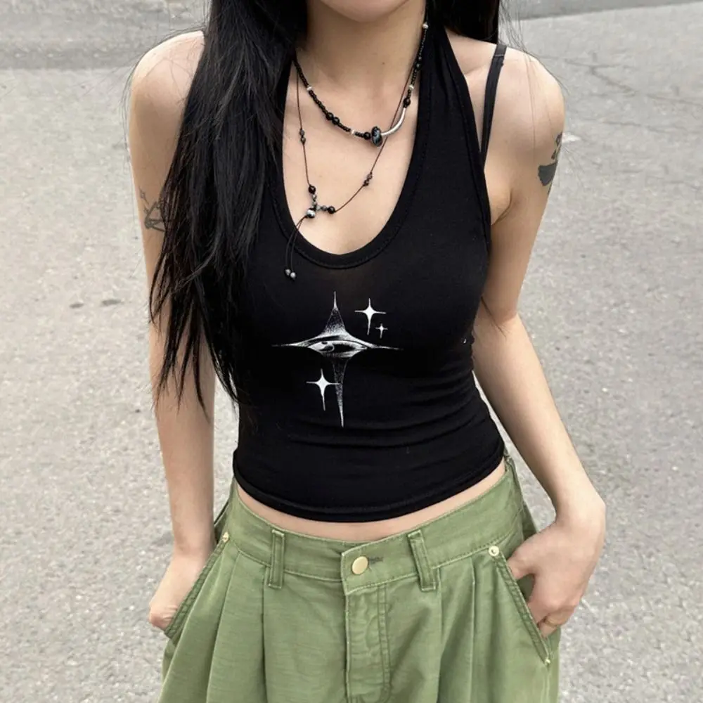 

Star Hanging Neck Suspender Vest Camisole Beauty Back Sleeveless Slim Short Tank Top Punk Eyes Women's Printed Crop Top Club