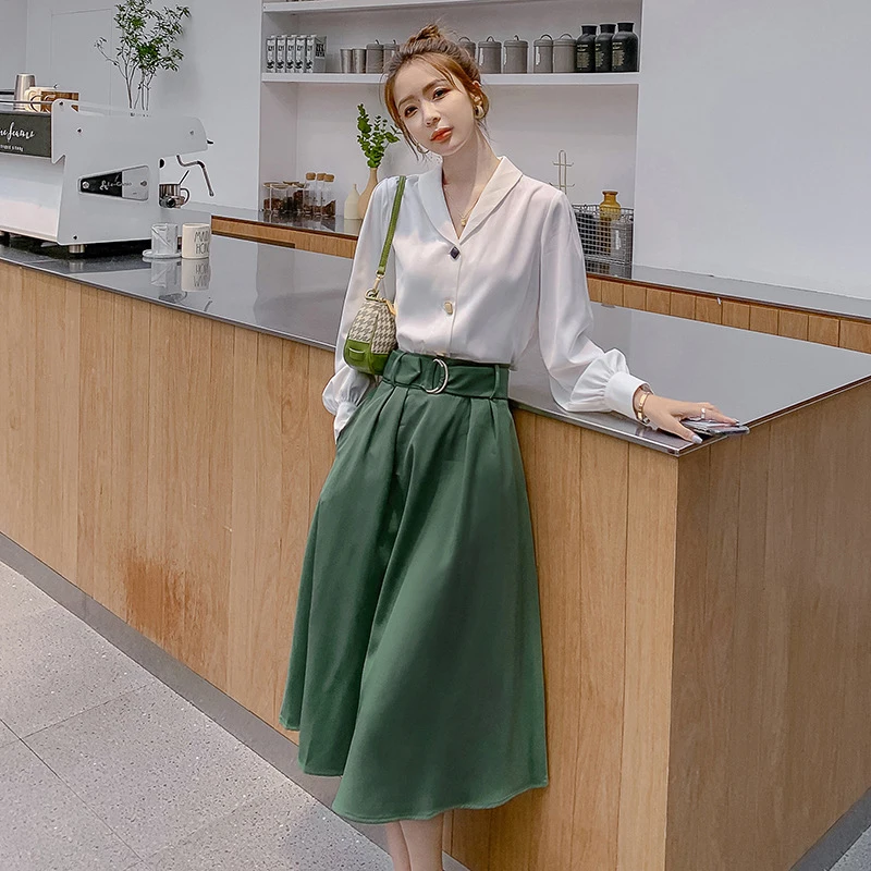 

Spring Fall Women's Sets Long Sleeves V Neck Silk Chiffon Shirt Female + Solid Color High Waist Skirt New Fashion 2 Piece Sets