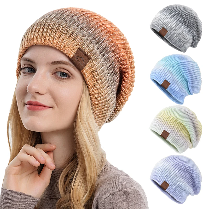 

Women Plush Knitted Hat Winter Warm Thick Fleece Lining Beanies Skullies Trendy Gradient Tie Dye Bonnet Outdoor Sport Skiing Cap