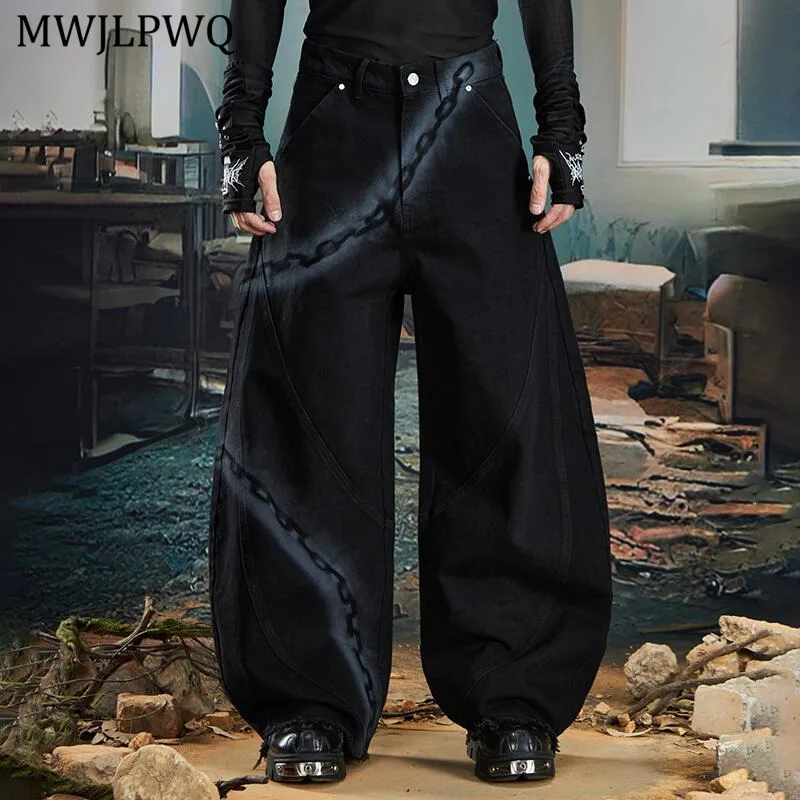 

MWJLPWQ Men's Personality Dark Spray Paint Graffiti Chain Jeans Washed Wide-Leg Machete Trousers Mid-Waist Trendy Pants 11506