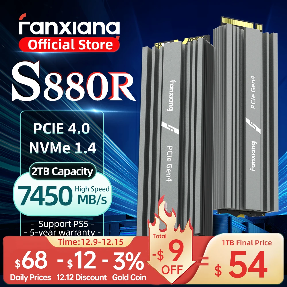 Fanxiang S880R 7450 MB/s SSD NVMe M.2 2280 4 TB 2 TB 1 TB Interne Solid State Harde Schijf met Heatsink SSD Drive voor PS5 PC Laptop