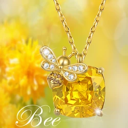 Luxury Design Sparkling Square Citrine Bee Pendant Necklace for Women Elegant Lady Party Jewelry Romantic Valentine's Day Gifts