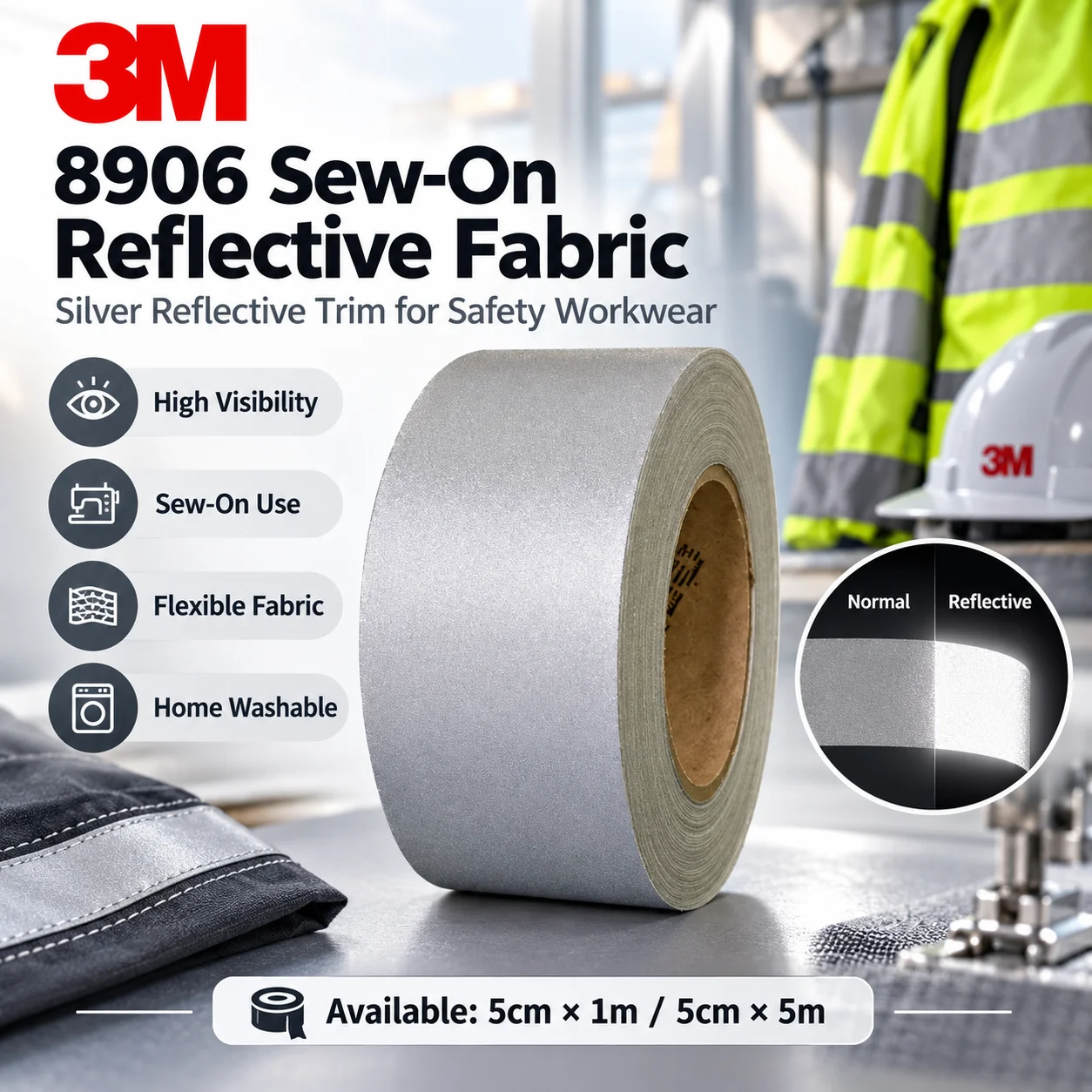 3M Scotchlite 8906 Reflective Fabric Tape High Visibility Sew-On Washable For Safety Vests Workwear Jackets 5cm x 1m 5m