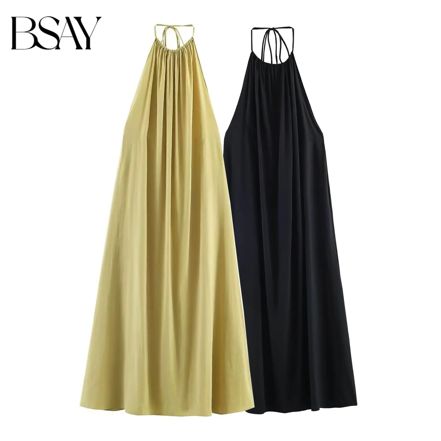 

BSAY 2026 New summer halter neck maxi dress women's backless tie-up long dress solid color loose flowy beach sundress