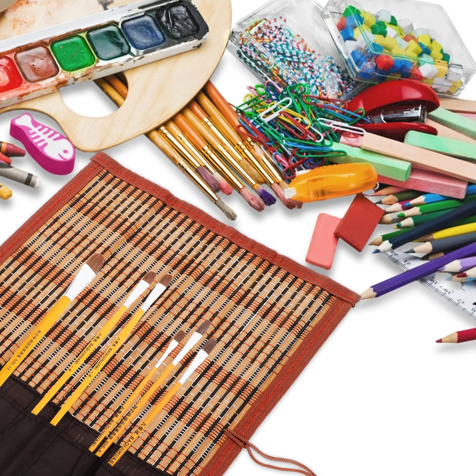 

Bamboo Woven Calligraphy Brush Mat Handmade Bookmarks Art Supplies Stationery Holder Roll Up Pencil Case Pen Storage Bag Drawing