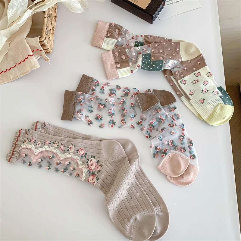 Fashion Woman Socks Retro Girls Summer New Thin Flower Socks Mixed-color Sweet Long Casual Transparent Socks Cute Spring Comfort