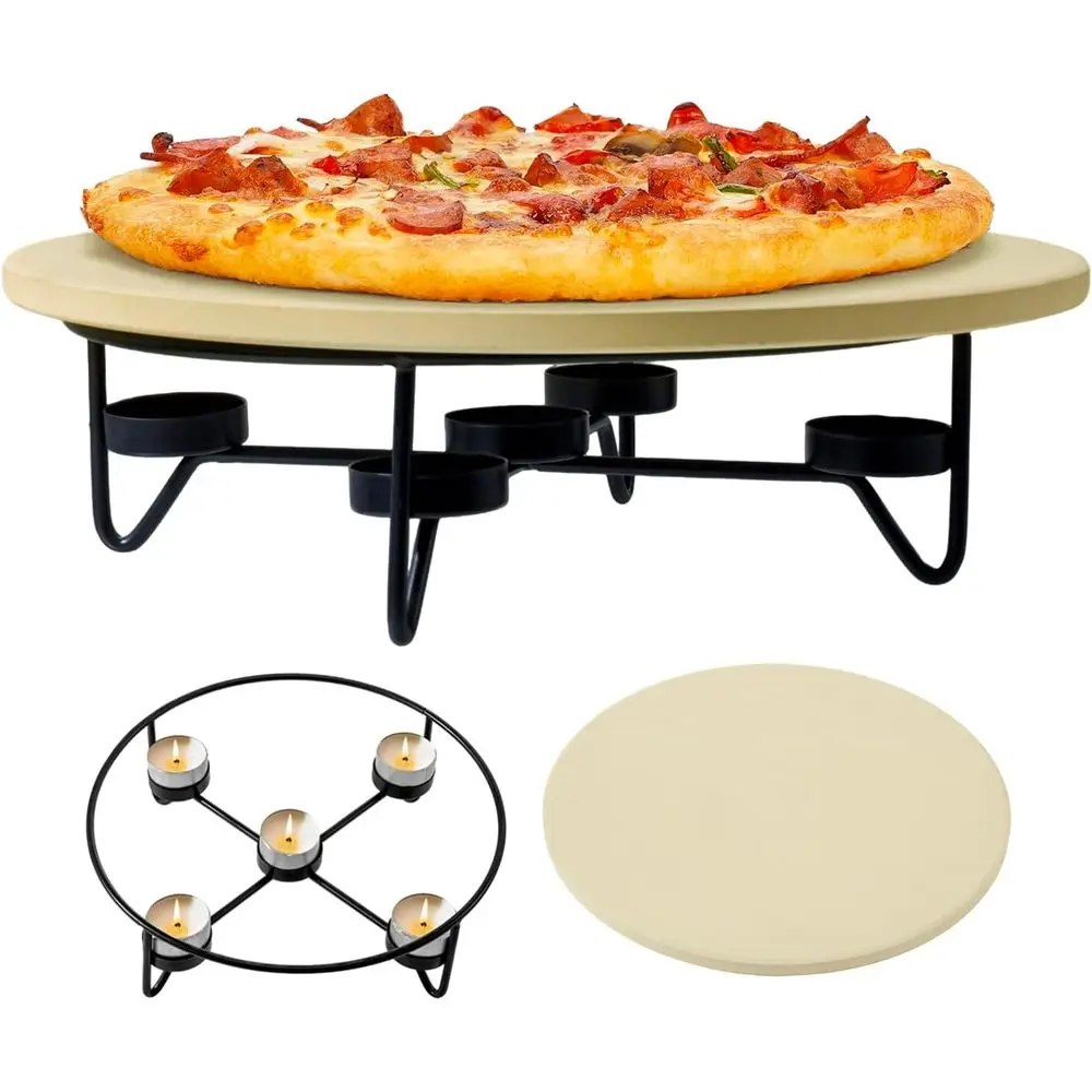 

11.5 Cordierite Pizza Stone with Metal Stand - Warming Candle Holders for Baking Pizza and Bread