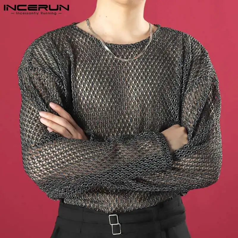 إنسيرون-تي شيرت شبكي مجوف للرجال ، بأكمام طويلة ، كتف فضفاض ، كاجوال ، توبات مثيرة للذكور ، على الطراز الكوري ، * * #2