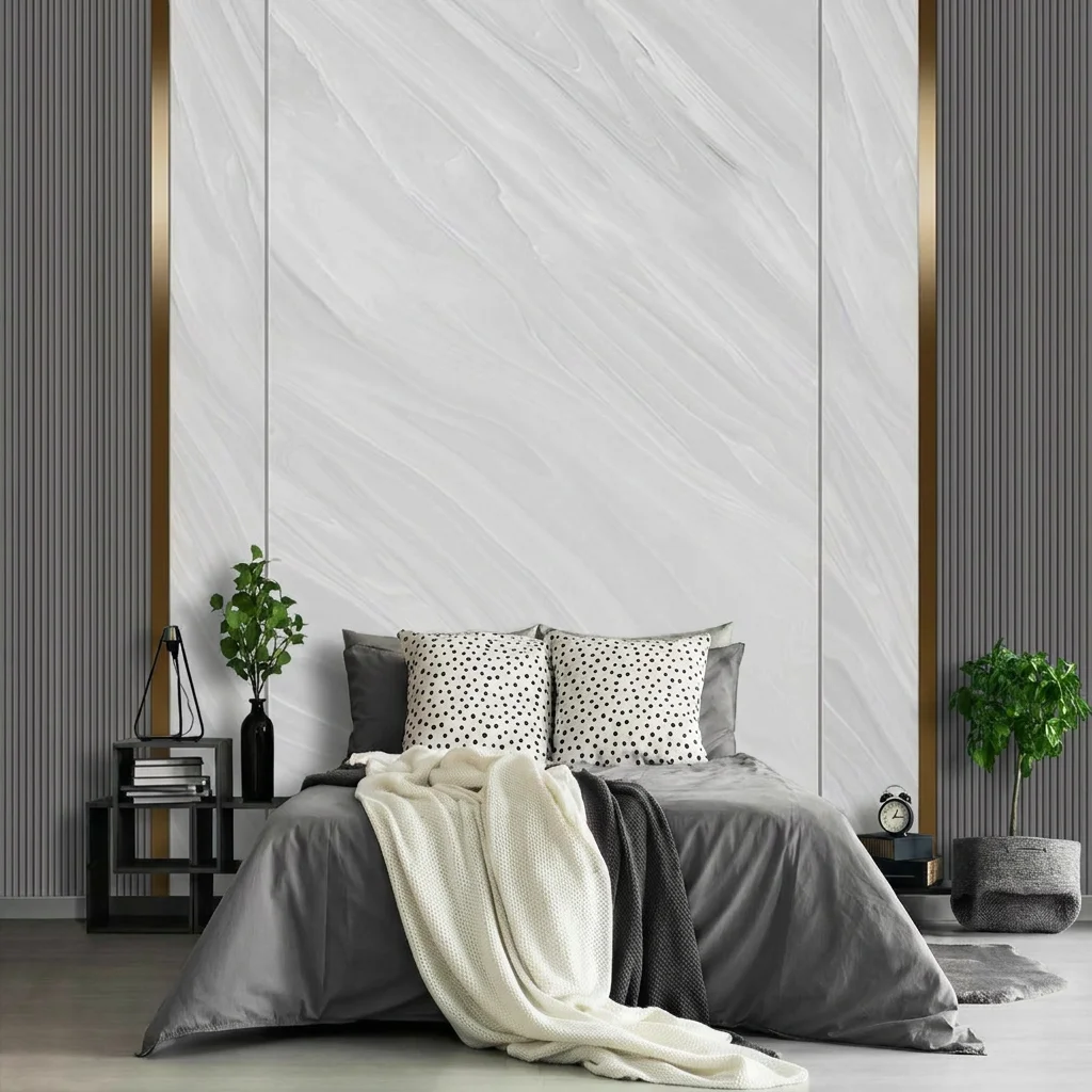 Self-adhesive material featuring a background image that combines marble texture, vertical grilles, and metal lines.