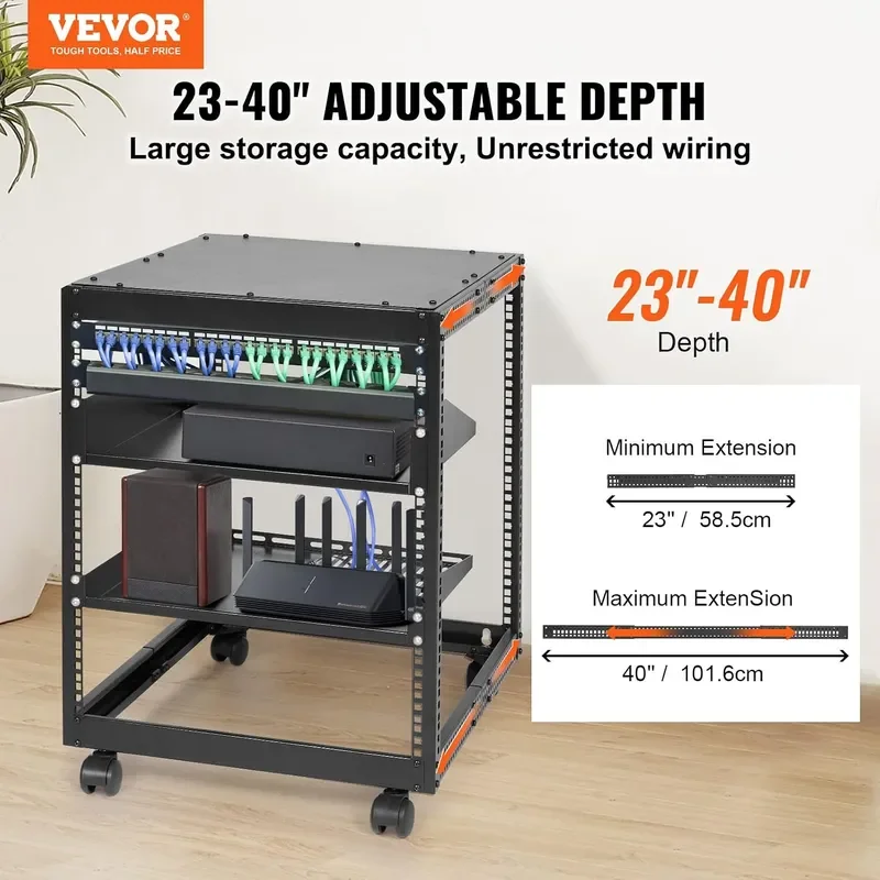 12U Open Frame Server Rack 23-40 in Adjustable Depth Free Standing or Wall Mount Network Server Rack 4 Post AV Rack with