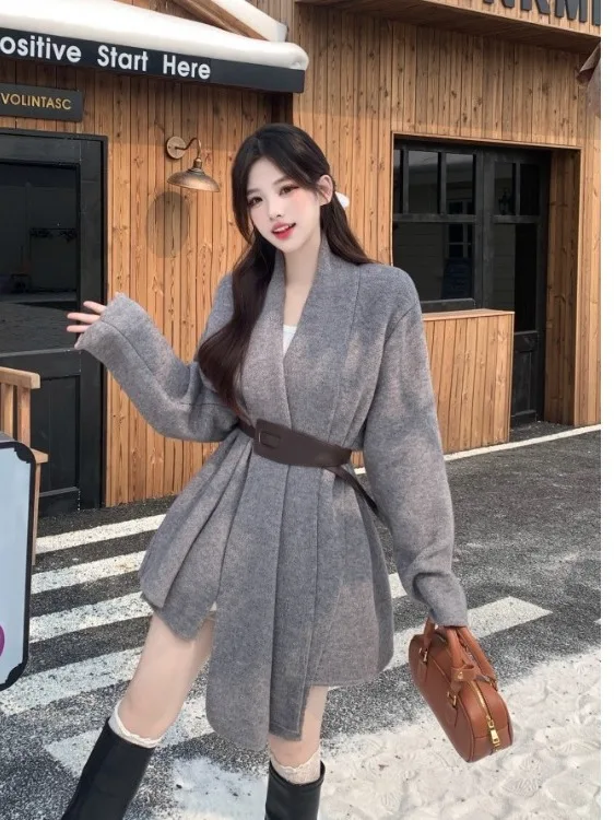 

Женский вязаный свитер-кардиган больших размеров с завышенной талией, осенняя новинка, модный корейский стиль, с длинными рукавами, подчеркивающий талию