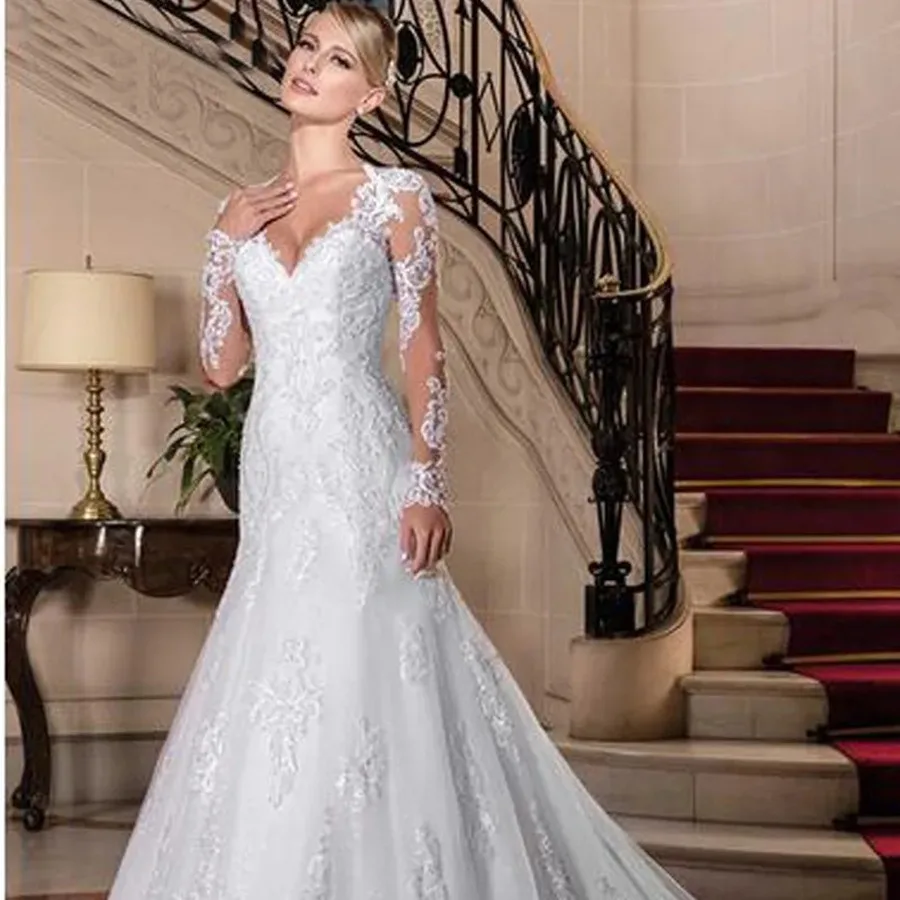 V-neck Mermaid Wedding Dresses Long Sleeves Wedding Dresses Luxury Church Wedding Dress Customized For Women