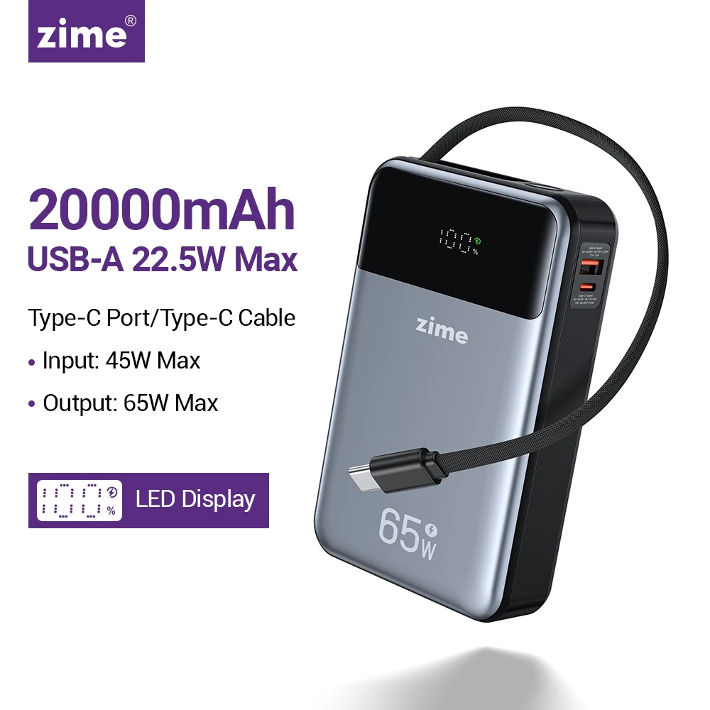 zime 65W draagbare powerbank 20000mAh PD snellader met intrekbare Type-C kabel voor laptops en iPhone 16 15 14 13 pro max