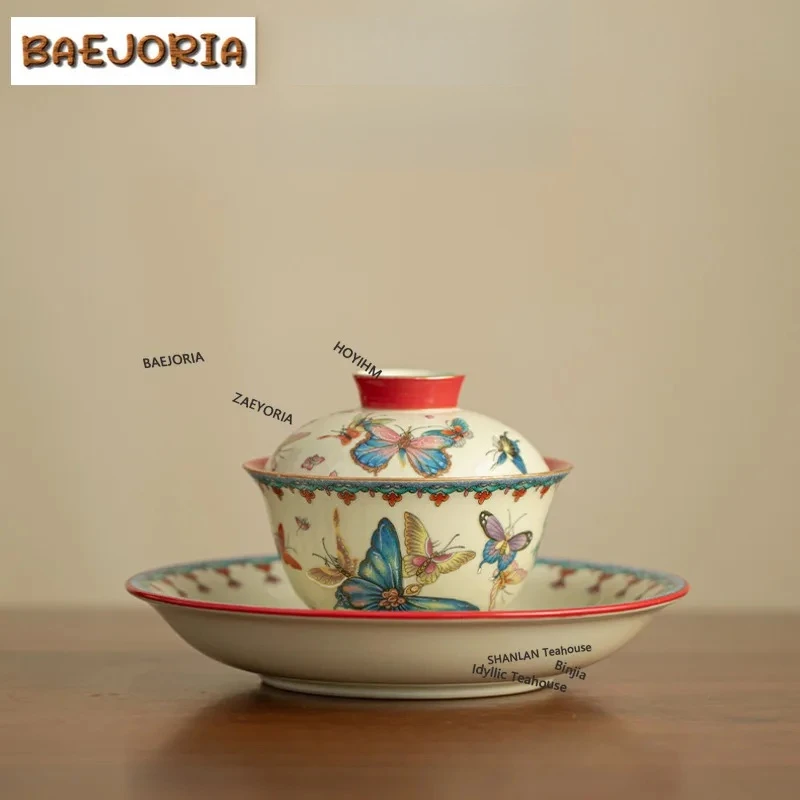 BAEJORIA 130ml Wall Red Butterfly Flowing Gaiwan Retro Tea Tureen Tea Bowl With Lid Kit Tea Making Cover Bowl For Tea Collection