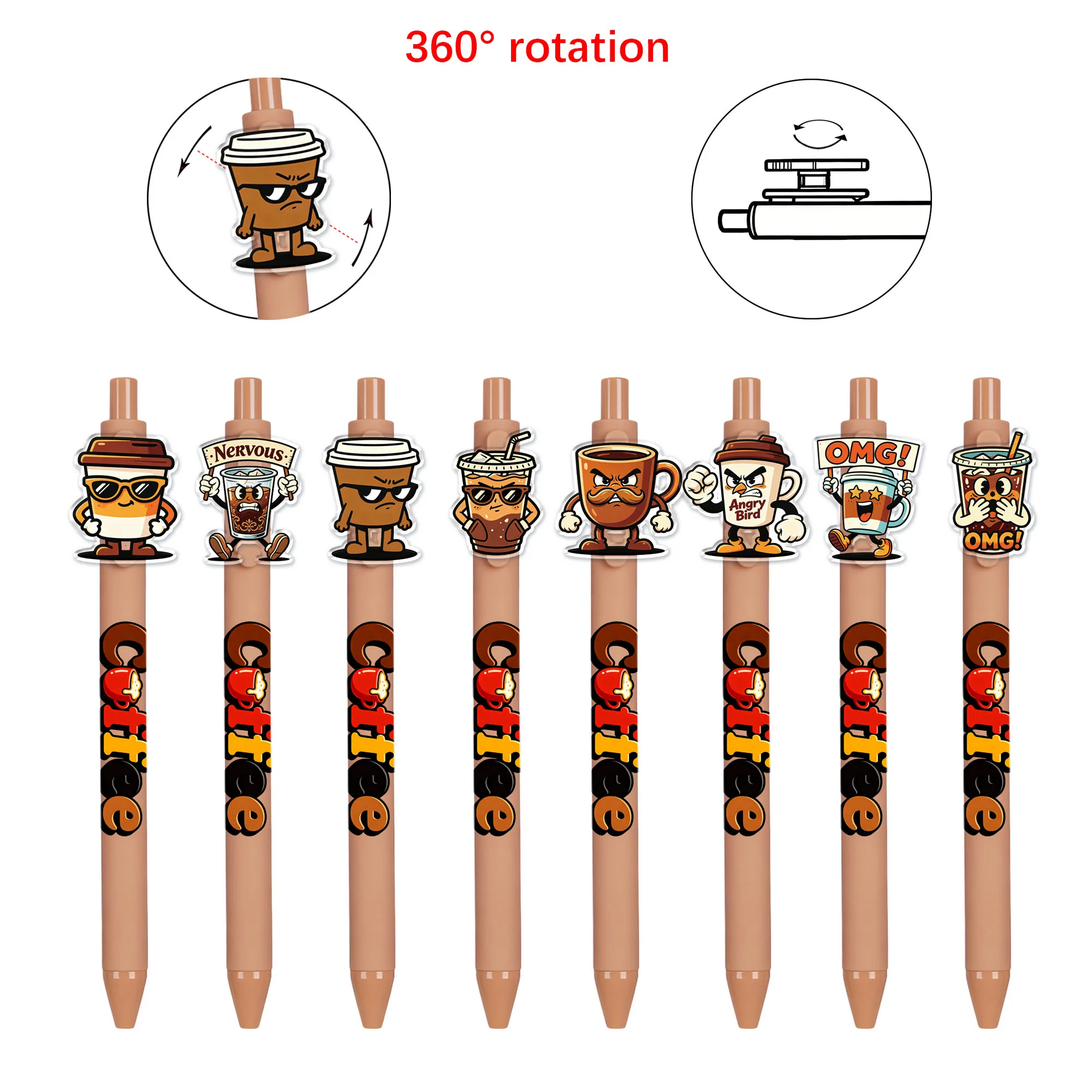 

8pcs Coffee Ice American Theme Press Ball Pattern to Rotate Pattern Random Student Writing Gift Pen