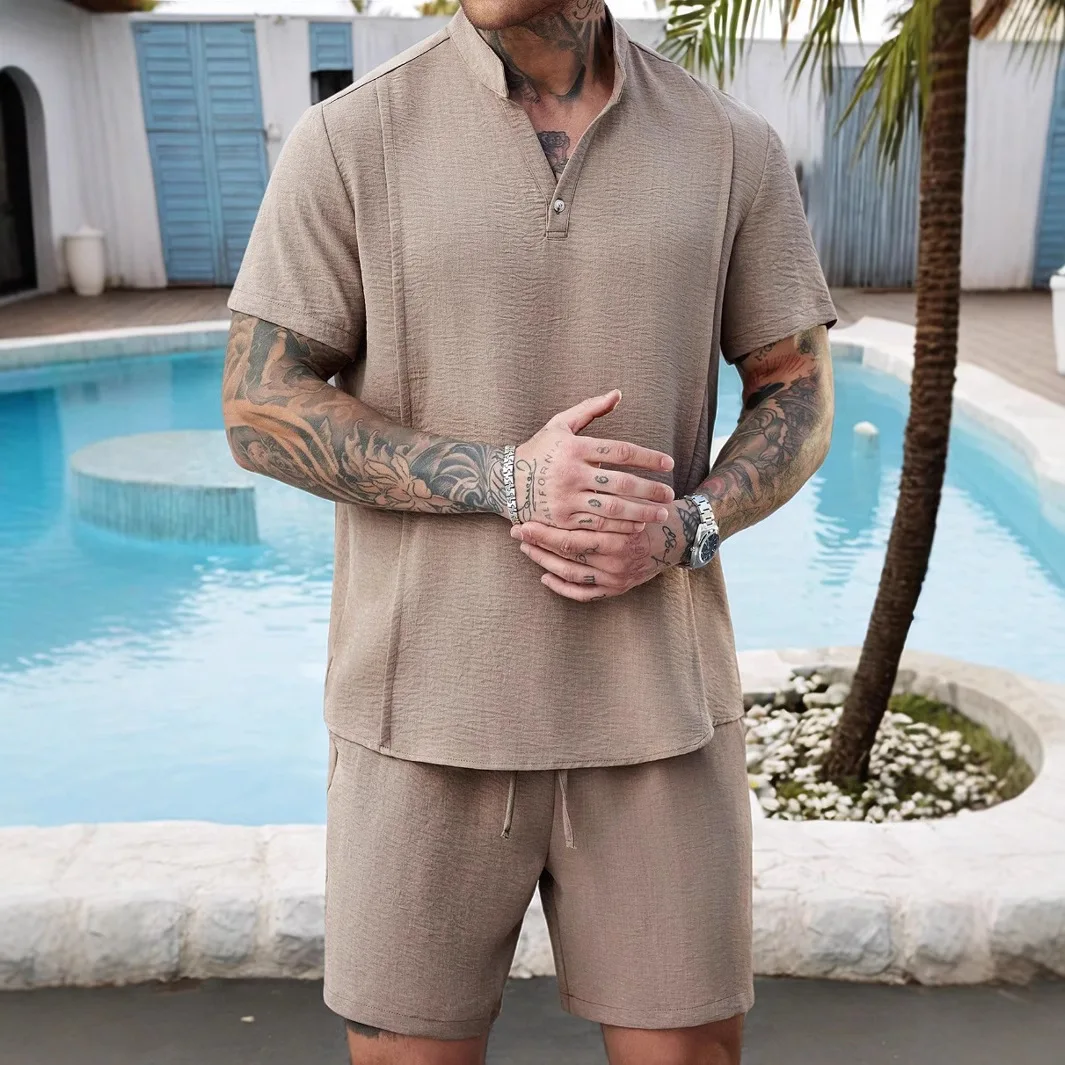 

Лето 2022, новинка Herren bekleidung, модная, Лидер продаж, универсальный китайский Henley воротник-стойка с открытыми рукавами, дышащий повседневный мужской S