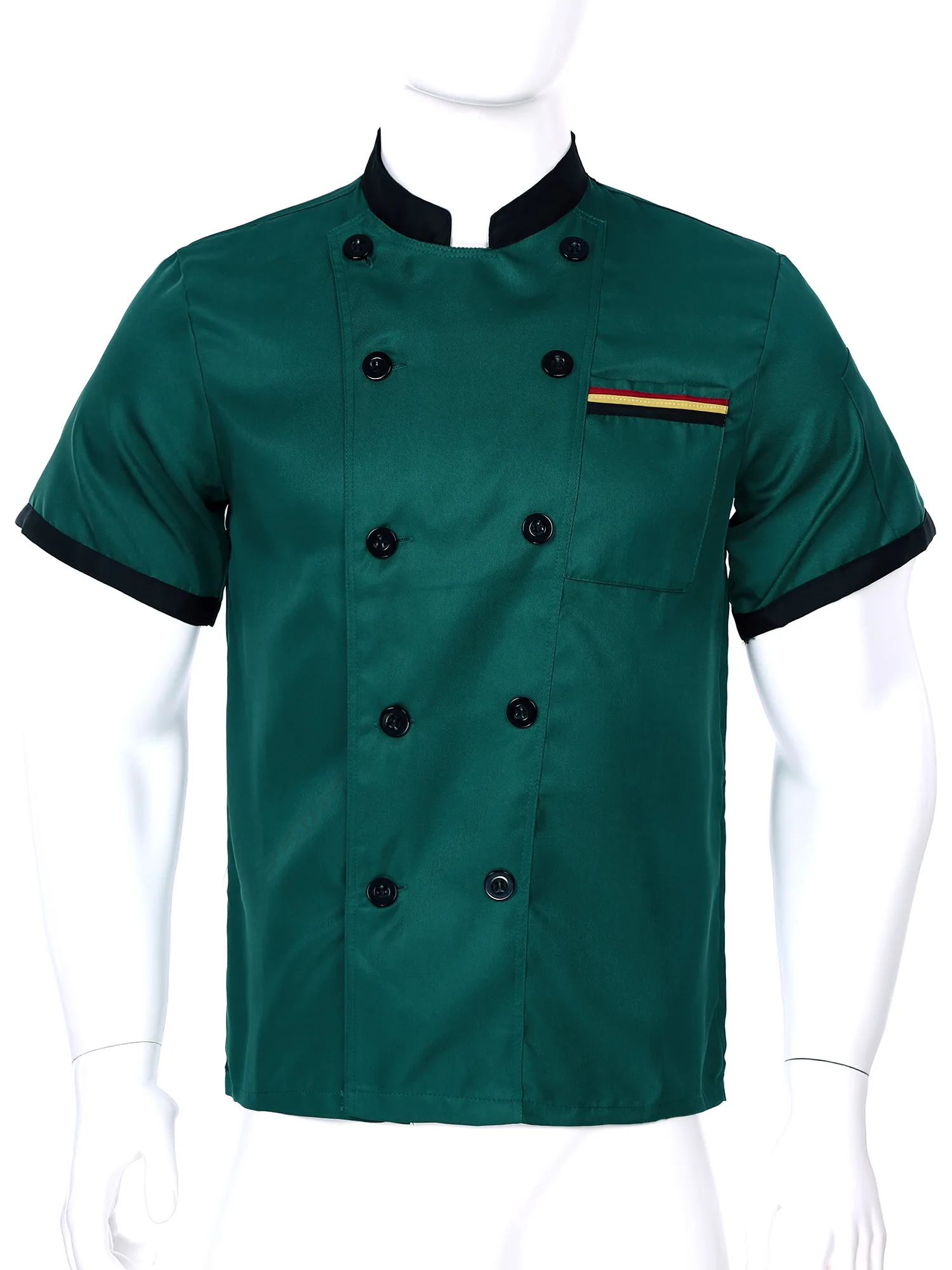 Unisex Men Women Short Sleeve Chef Cooking Coat Contrast Color Stand Collar Shirt Uniform Food Service Kitchen Costume Tops