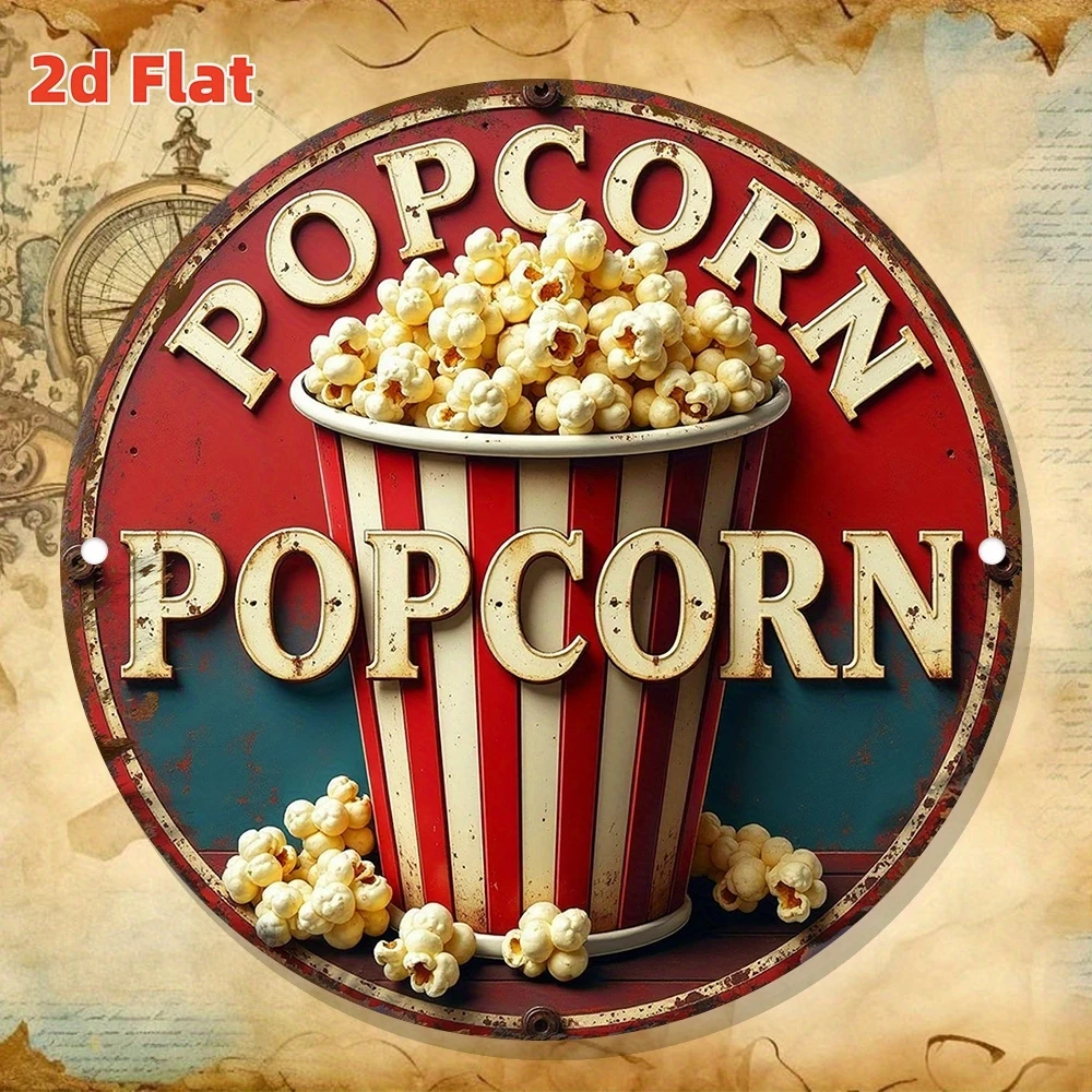 2D Retro Wooden Round Disc Popcorn Pattern Wall Sign for Home Theater Office Cinema Hanging Decoration