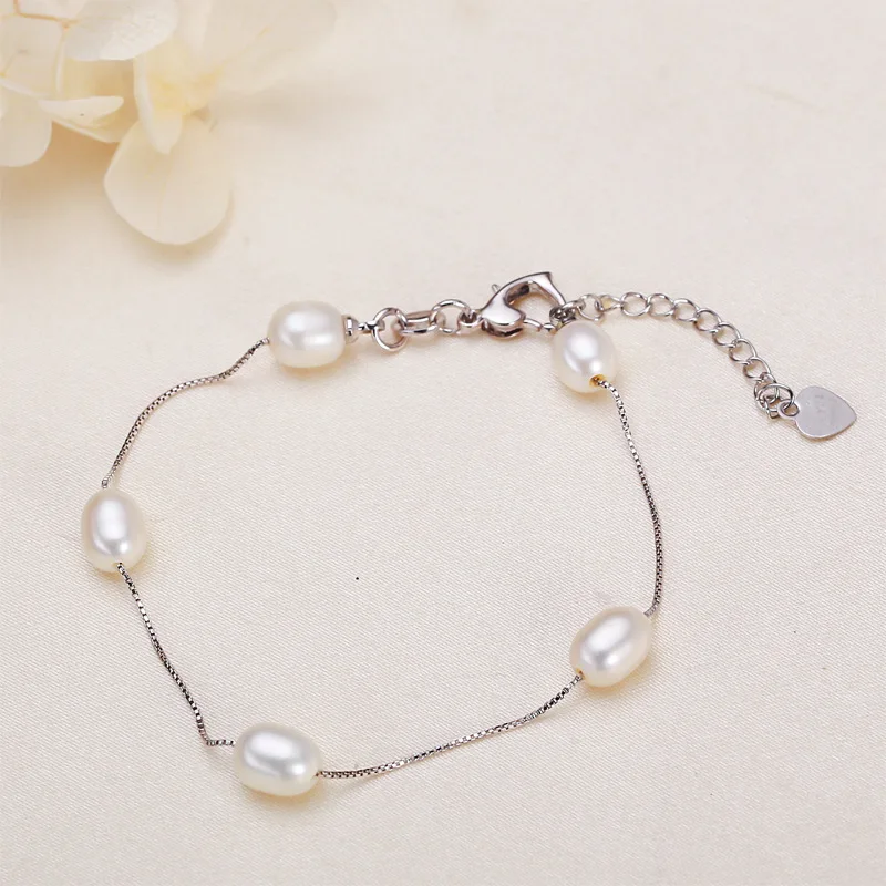 7-8mm Rice Shape Freshwater Pearl Bracelet for Women 16cm 4cm Extend Chain Adjustable White Pink Mix Bracelet Jewelry Gift